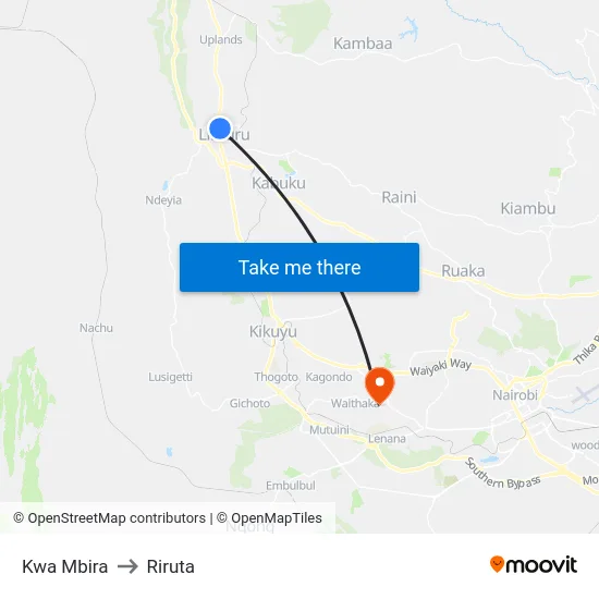 Kwa Mbira to Riruta map