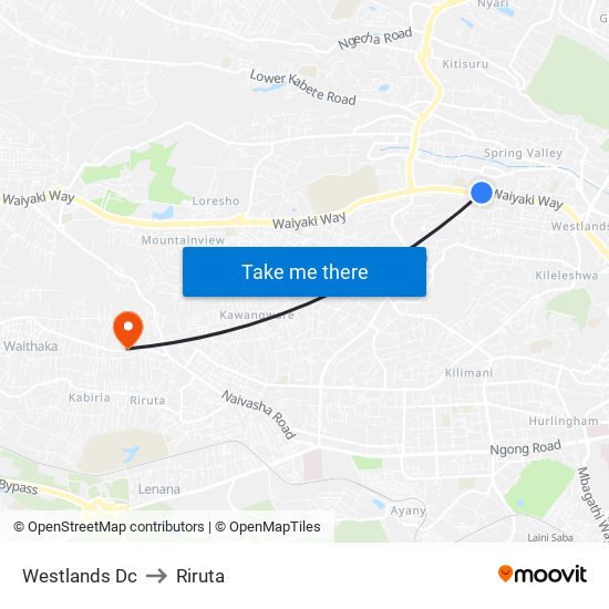 Westlands Dc to Riruta map