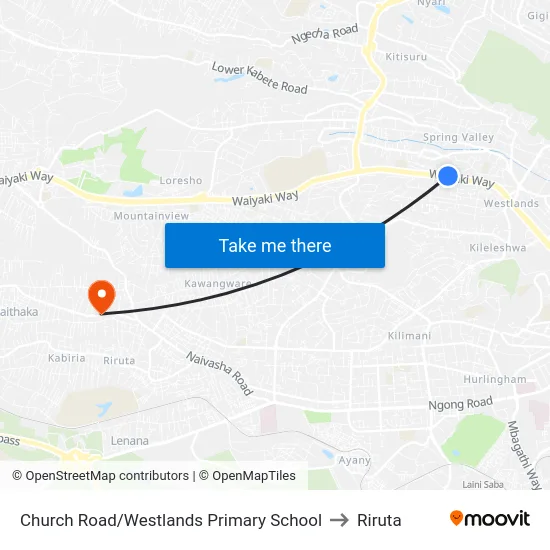Church Road/Westlands Primary School to Riruta map