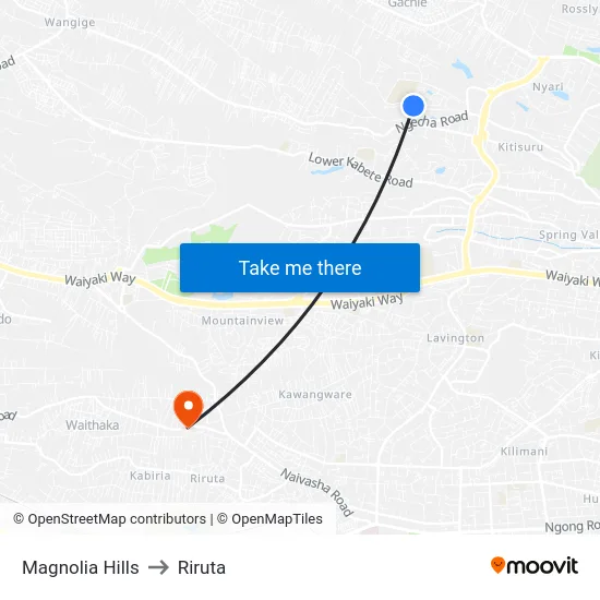 Magnolia Hills to Riruta map