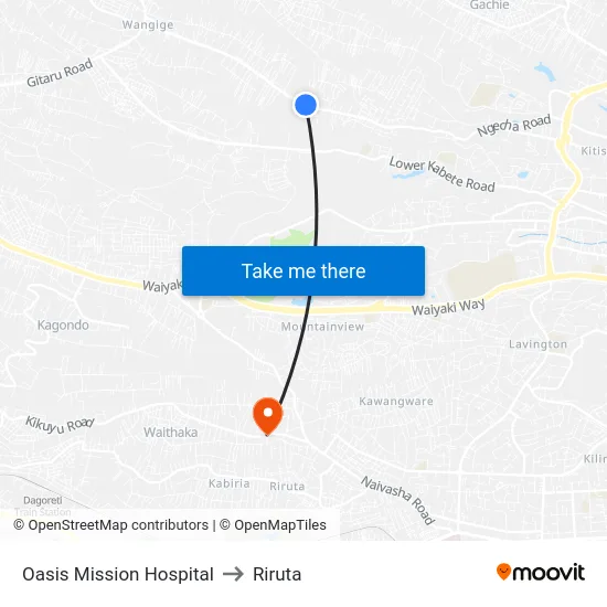 Oasis Mission Hospital to Riruta map