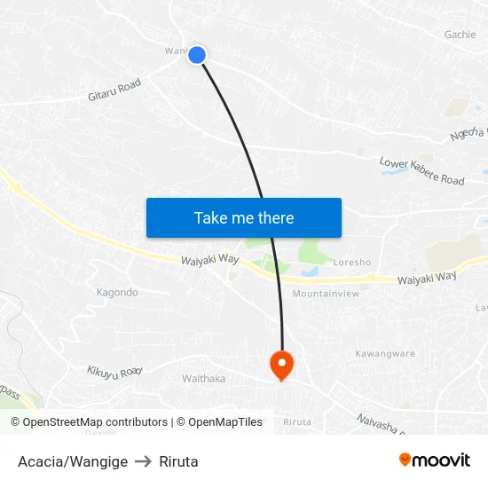 Acacia/Wangige to Riruta map