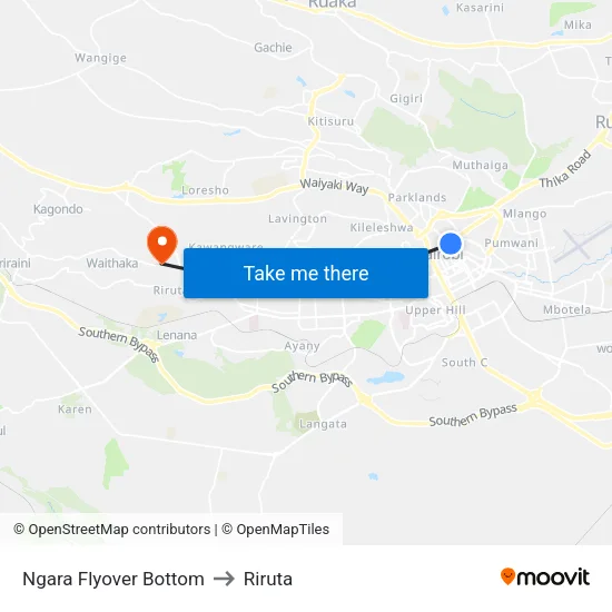 Ngara Flyover Bottom to Riruta map