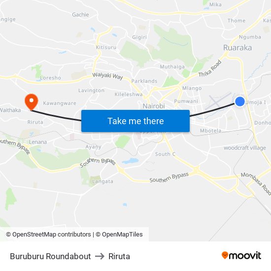 Buruburu Roundabout to Riruta map