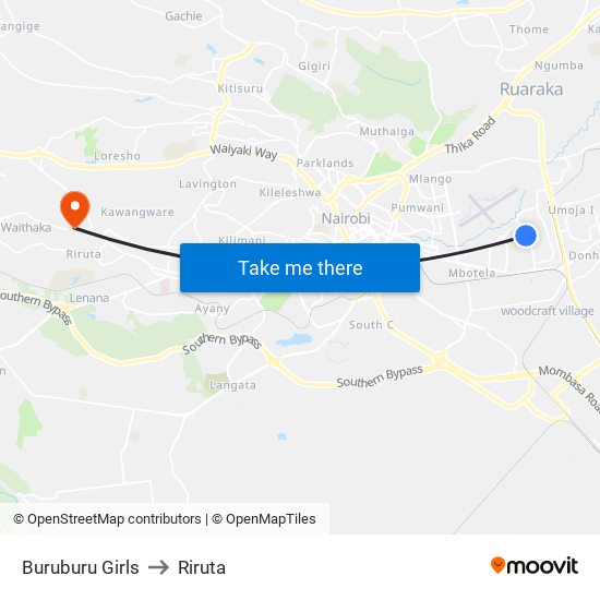 Buruburu Girls to Riruta map