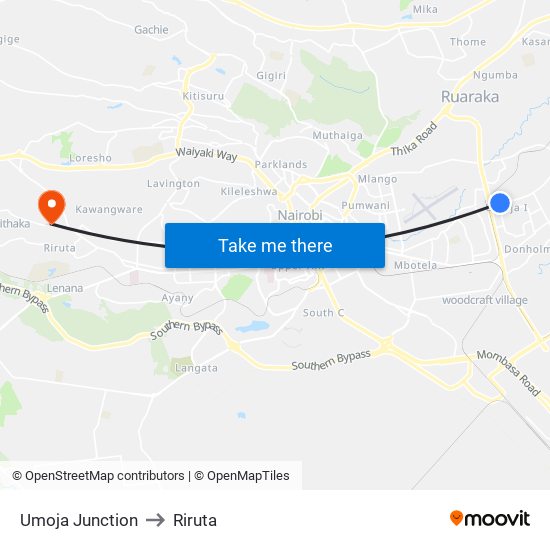 Umoja Junction to Riruta map