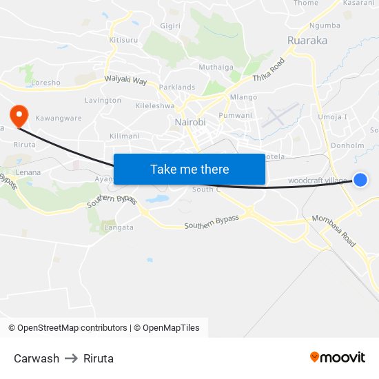 Carwash to Riruta map