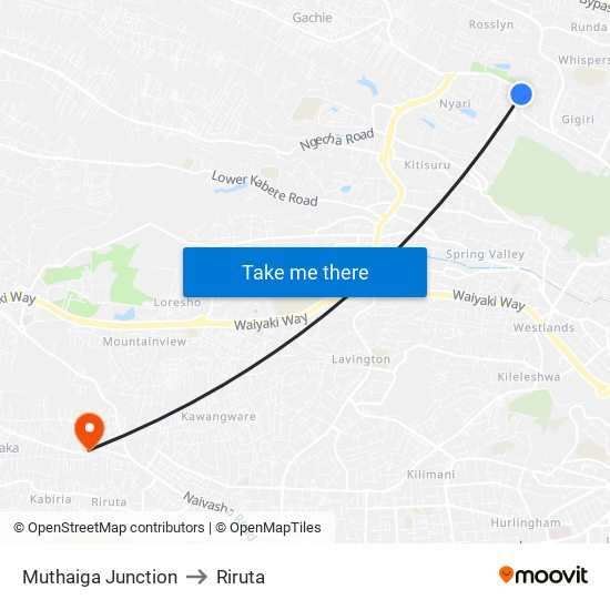 Muthaiga Junction to Riruta map