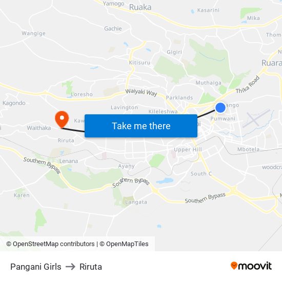 Pangani Girls to Riruta map