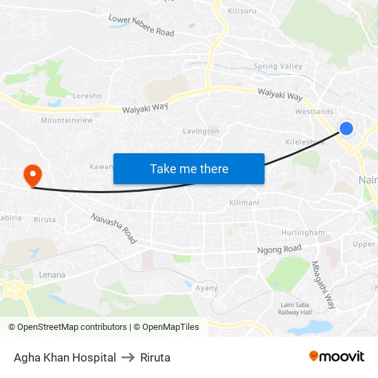 Agha Khan Hospital to Riruta map