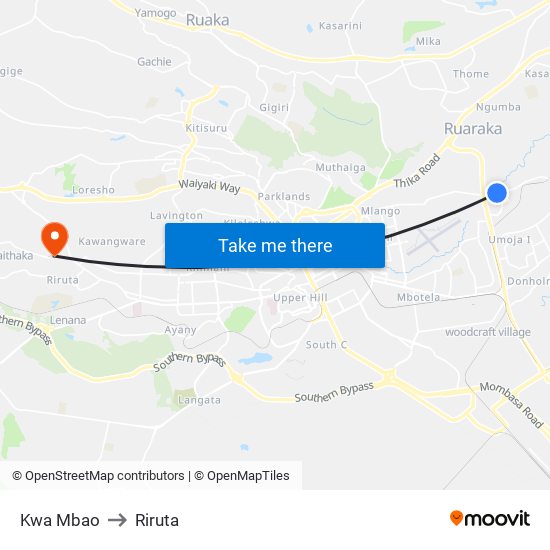 Kwa Mbao to Riruta map