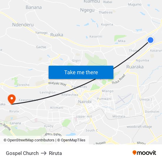 Gospel Church to Riruta map