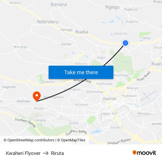 Kwaheri Flyover to Riruta map