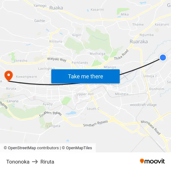 Tononoka to Riruta map