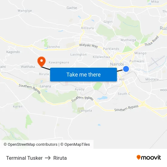 Terminal Tusker to Riruta map