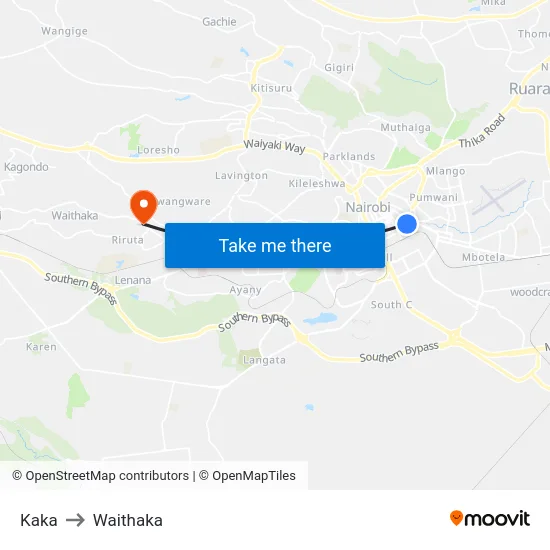 Kaka to Waithaka map