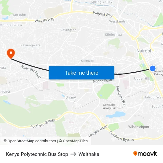 Kenya Polytechnic Bus Stop to Waithaka map