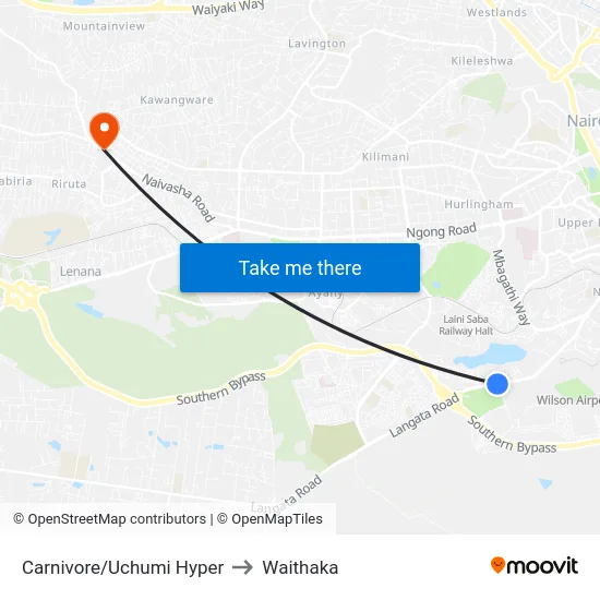 Carnivore/Uchumi Hyper to Waithaka map
