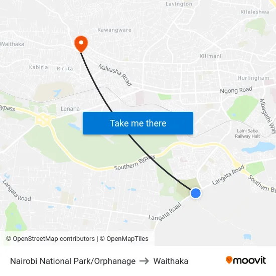 Nairobi National Park/Orphanage to Waithaka map