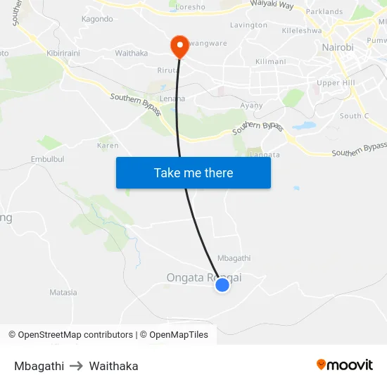 Mbagathi to Waithaka map