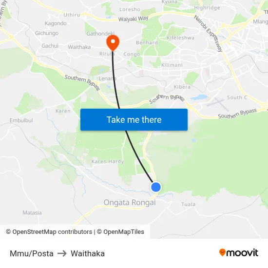 Mmu/Posta to Waithaka map