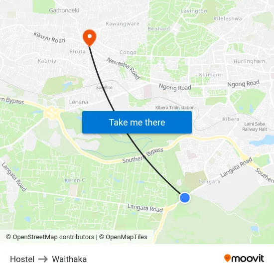 Hostel to Waithaka map
