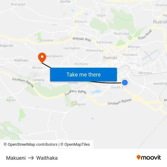Makueni to Waithaka map