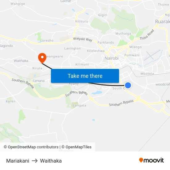 Mariakani to Waithaka map