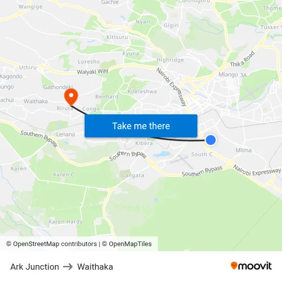 Ark Junction to Waithaka map