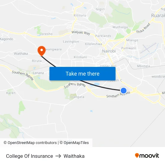 College Of Insurance to Waithaka map