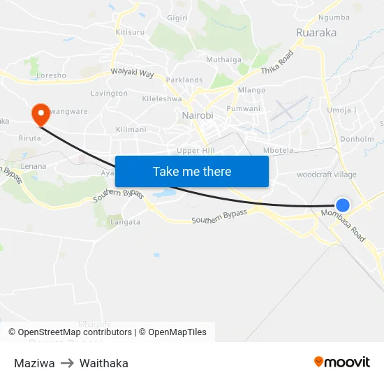 Maziwa to Waithaka map
