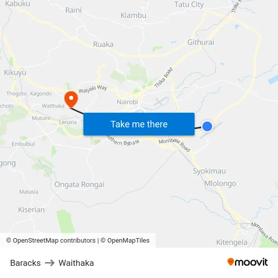Baracks to Waithaka map