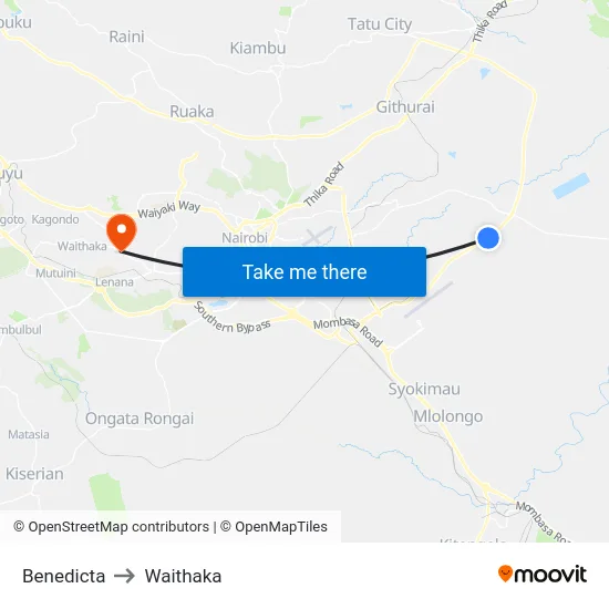 Benedicta to Waithaka map