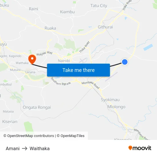 Amani to Waithaka map