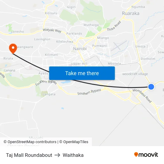 Taj Mall Roundabout to Waithaka map