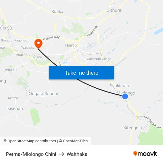 Petma/Mlolongo Chini to Waithaka map