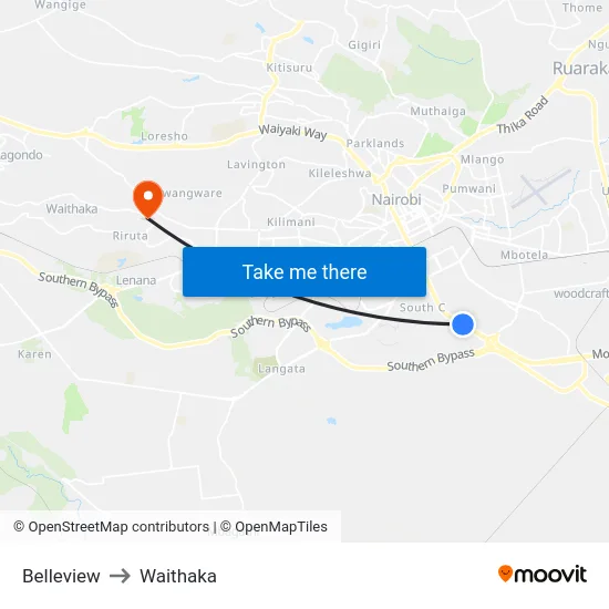 Belleview to Waithaka map