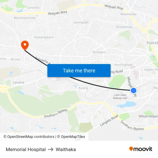 Memorial Hospital to Waithaka map