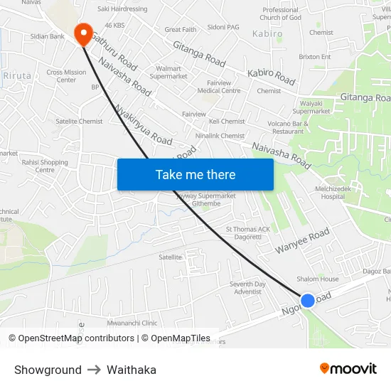 Showground to Waithaka map