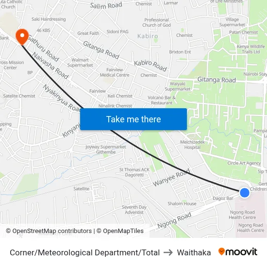 Corner/Meteorological Department/Total to Waithaka map