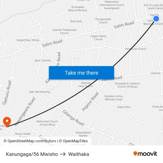 Kanungaga/56 Mwisho to Waithaka map