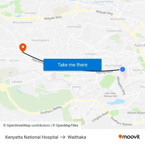 Kenyatta National Hospital to Waithaka map
