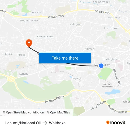 Uchumi/National Oil to Waithaka map