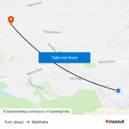 Fort Jesus to Waithaka map