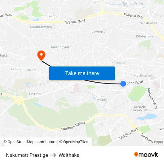 Nakumatt Prestige to Waithaka map