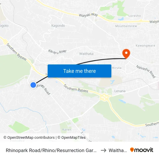 Rhinopark Road/Rhino/Resurrection Gardens to Waithaka map
