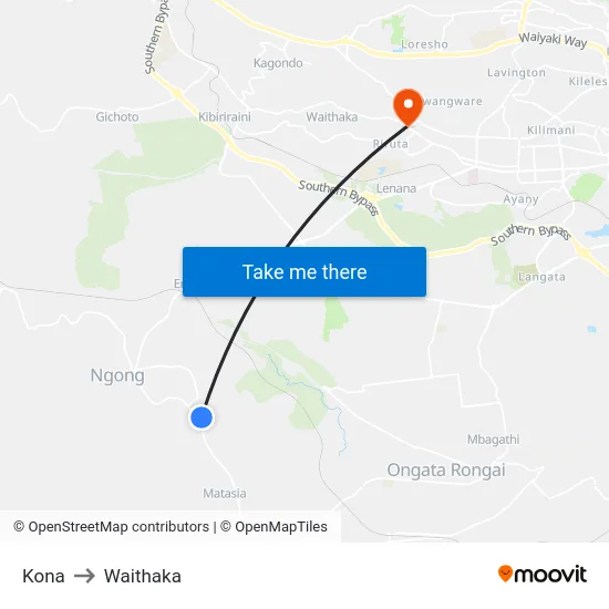 Kona to Waithaka map