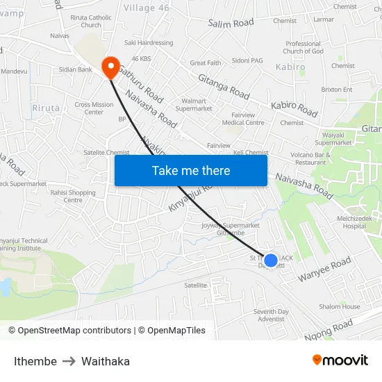 Ithembe to Waithaka map
