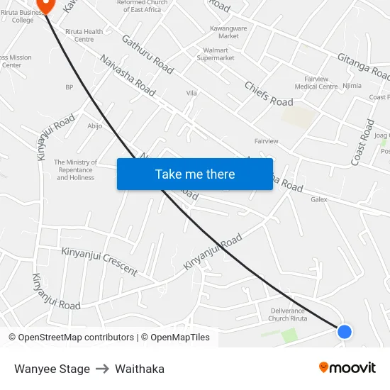 Wanyee Stage to Waithaka map