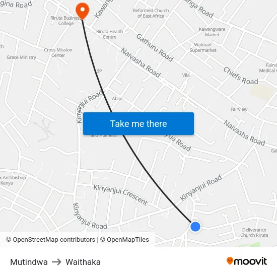 Mutindwa to Waithaka map